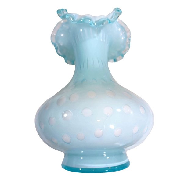 FENTON AQUA POWDER BLUE BUBBLE OPTIC FLUTED TOP CRESTED OVERLAY VASE RUFFLED - Picture 7 of 11